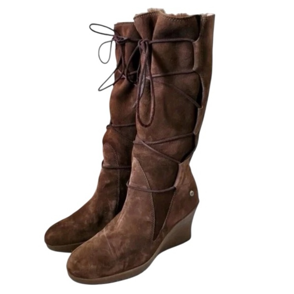 UGG Australia Elsey Chocolate Brown Suede Leather Shearling Lace Up Boots 12